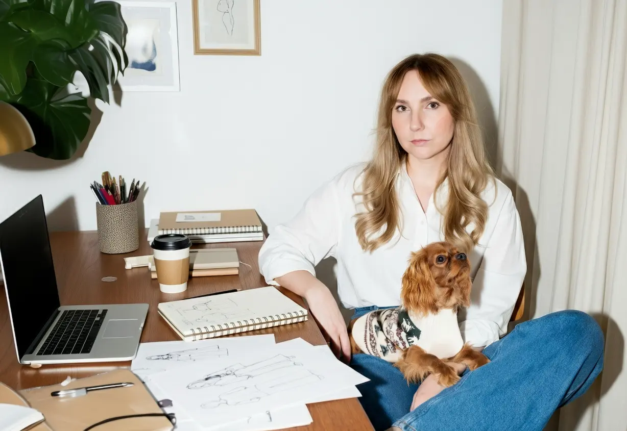 Julie Courrier, fondatrice du studio Le Bureau, à son bureau avec son chien