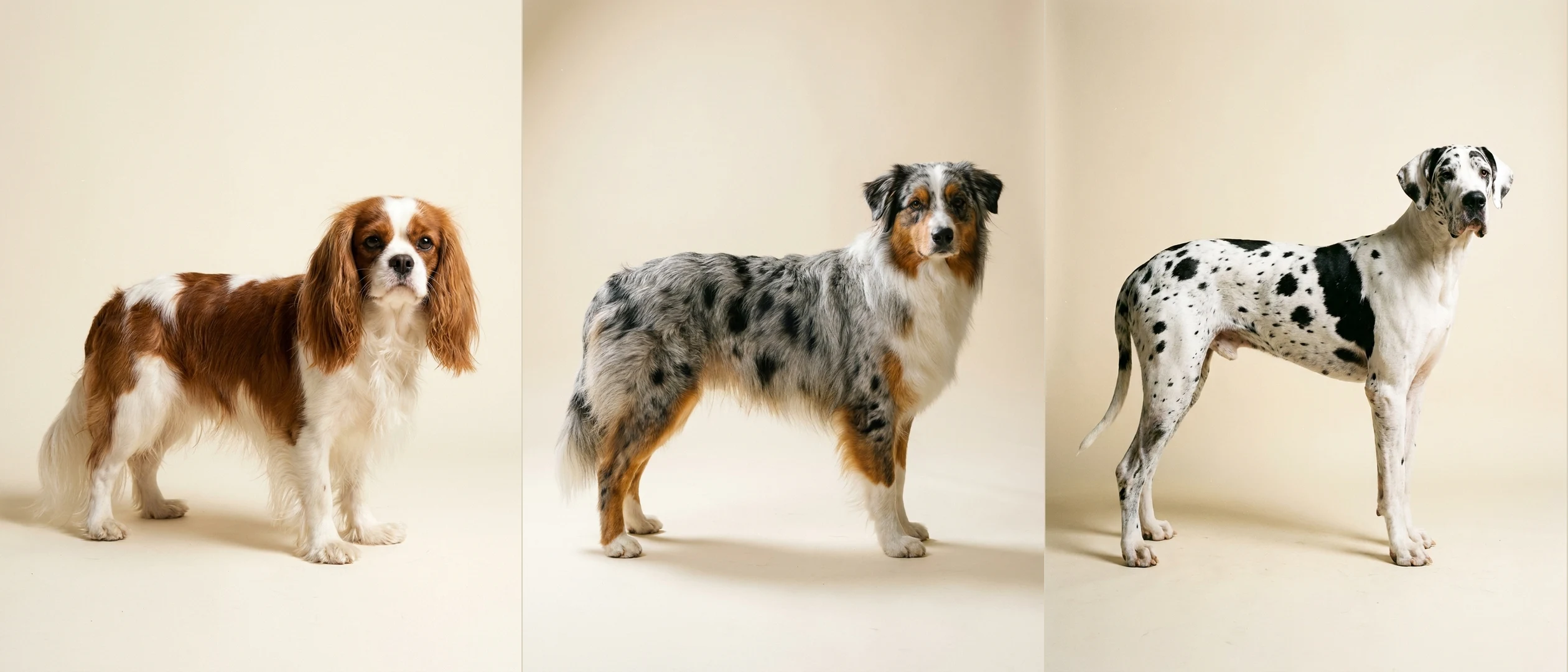 Le Poil, annuaire des races de chiens : cavalier king charles, berger australien et dogue allemand en studio
