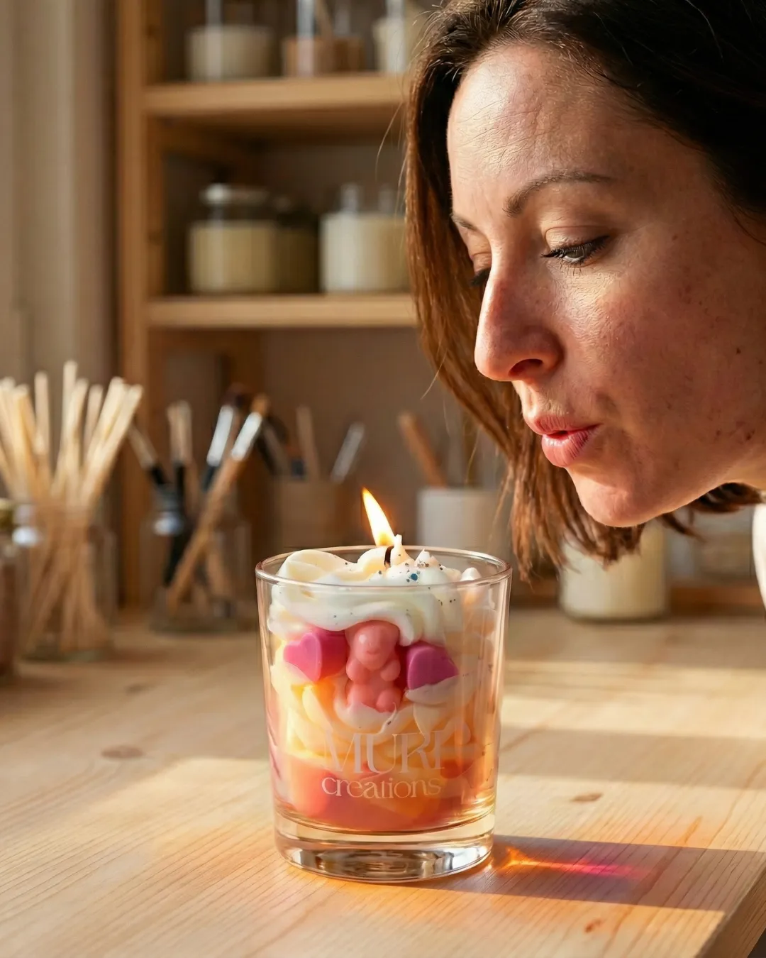 Bougie gourmande Muri Créations – artisane soufflant une bougie rose dans son atelier